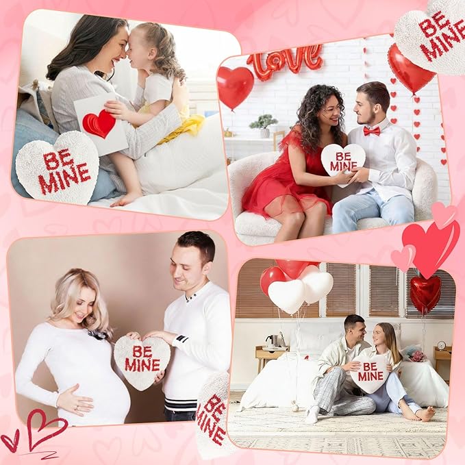 Peryiter Heart Shape Handicraft Hook Pillow 10'' x 10'' Needlepoint Heart Throw Pillow Red Be Mine for Couples Anniversary, Wedding, Party Decor, Room Cushion