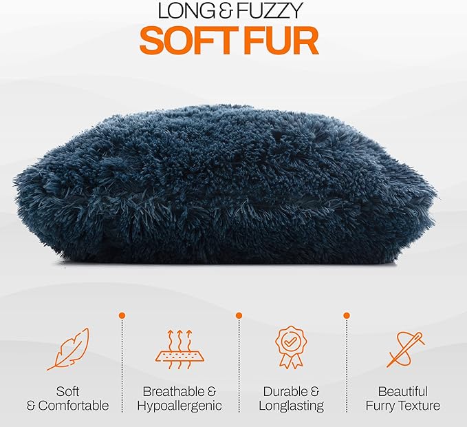 Cheer Collection Throw Pillows for Couch and Bed, Soft Shaggy Throw Pillows with Inserts Included, Cozy Long Hair Faux Fur Pillows - Set of 2-18" x 18" - Navy Blue