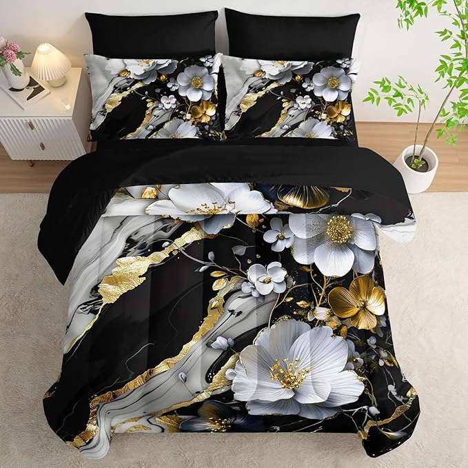 7 Piece Marble Floral Comforter Set King,Black and White Marble Bedding Set,Black and Gold Marble Bedroom Decor,(1 Comforter, 1 Flat Sheet, 1 Fitted Sheet, 2 Pillowcase and 2 Pillow Sham)