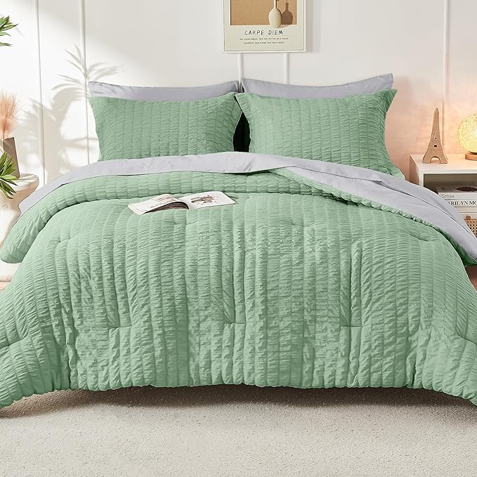 HYMOKEGE Sage Green/Light Grey Twin XL Comforter Set Seersucker 5 Pieces, All Season Luxury Bed in a Bag for Bedroom, Bedding Set with Comforter, Sheets, Pillowcase & Sham