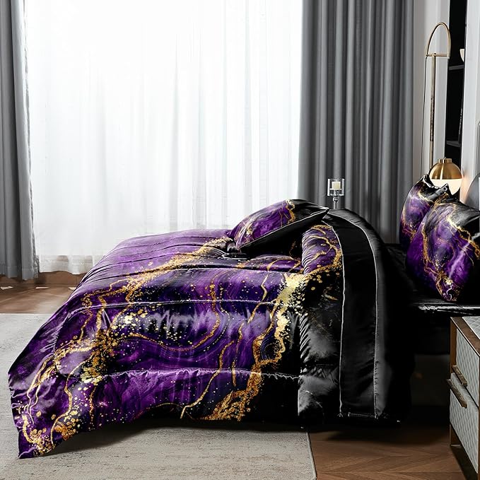Purple Satin Comforter Set Gray Marble Bedding Queen Purple Marble Stone Bedroom Decor Artwork Abstract Comforter Silk Like Silky Bed in A Bag with Comforter and Sheets
