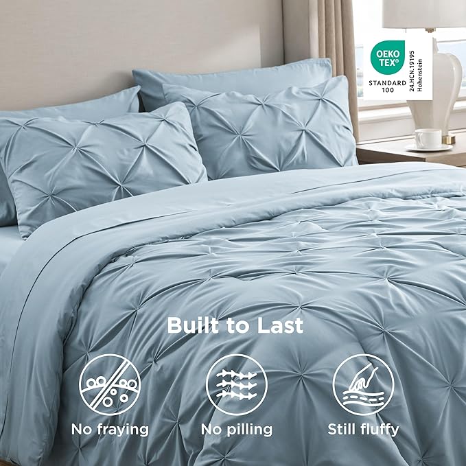 Bedsure Twin XL Comforter Set - Extra Long 5 Pieces Dorm Bedding Sets, GentleSoft™ Pinch Pleat Light Blue Bed in a Bag with Pintuck Comforter, Sheets, Pillowcase & Sham