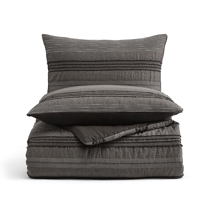 Wonderful Dark Grey Comforter Set Queen Size, Yarn Dyed Farmhouse Striped Cotton Lightweight Boho Comforter with Pillow Shams, Halloween Bedding, Fluffy Bedding Set for All Season