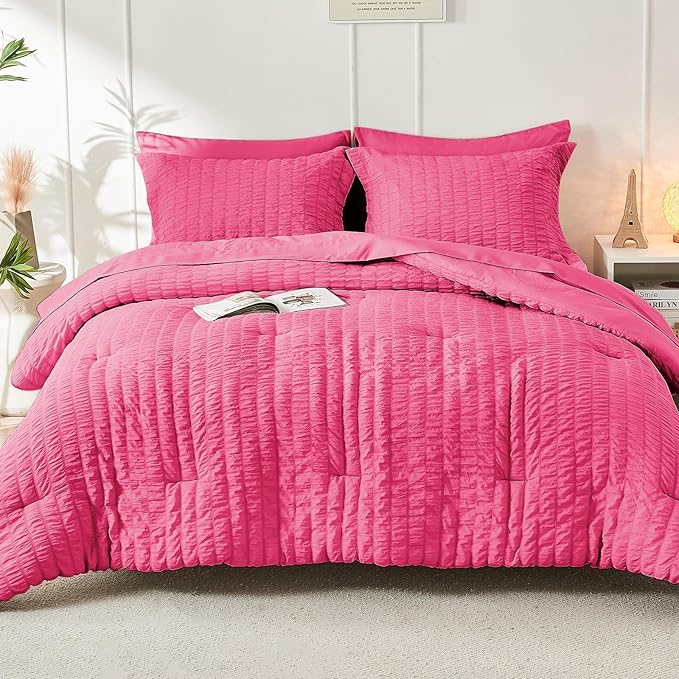 HYMOKEGE Hot Pink Queen Comforter Set Seersucker 7 Pieces, All Season Luxury Bed in a Bag Queen for Bedroom, Bedding Set with Comforter, Sheets, Pillowcases & Shams