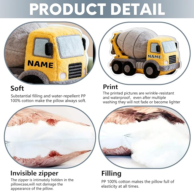 Custom Cement Tanker Shaped Pillow Personalized Double-Sided Printed Cute Pillow Customized Christmas Party Commemorative Gift Sofa Decorative for Boys and Girls 8-32in