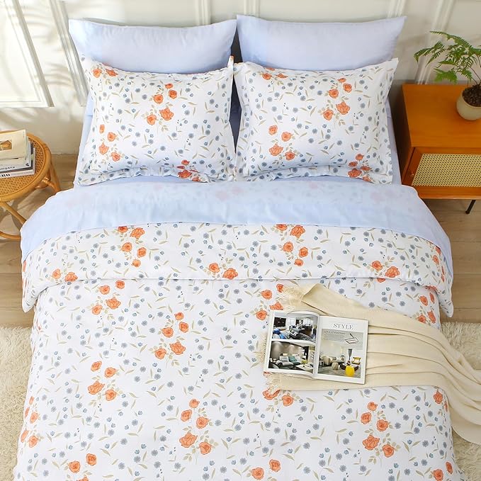 MUXHOMO Orange Blossom Bed in a Bag King 7 Pieces, King Comforter Set Reversible Botanical Flowers Design, Ultra Soft & Breathable Bedding Sets with Comforter, Sheets, Pillowcases & Shams