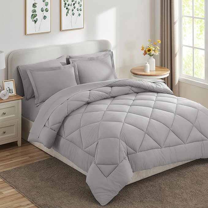 CozyLux Queen Comforter Set French Grey - Bed in a Bag Queen Size 7 Pieces, Luxury Soft Bed Set for All Seasons, Bedding Set with Down Alternative Comforter, Sheets, Pillowcases & Shams