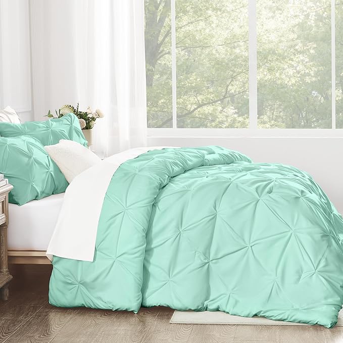 Andency Mint Green Queen Comforter Set, 3 Piece All Season Decorative Pintuck Bedding Comforter & Sets, Mint Green Soft Microfiber Lightweight Washable Bed Set for Queen Size Bed