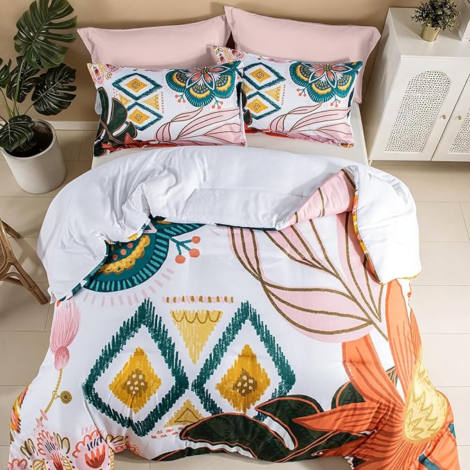Boho Floral Twin Comforter Set - 2 Piece Farmhouse Botanical Bedding Comforter Sets for All Season Soft Lightweight Mid Century Modern Bed Set, (1 Reversible Comforter and 1 Pillow Sham