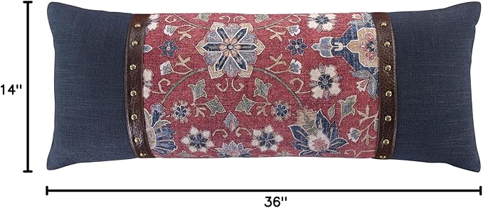 HiEnd Accents Washed Linen Melinda Lumbar Floral Pillow, 14x36 inch, Navy Blue and Red, Medallion Classic Western Rustic Lodge Bedding, Decorative Throw Pillow