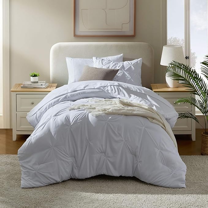 Nestl Twin XL Comforter Set 5 Piece - Pintuck Twin XL Bedding Set White, College Dorm Room Essentials Bed in a Bag, Twin XL Comforter Set for College Girls and Boys with Sheets, Pillowcase and Sham
