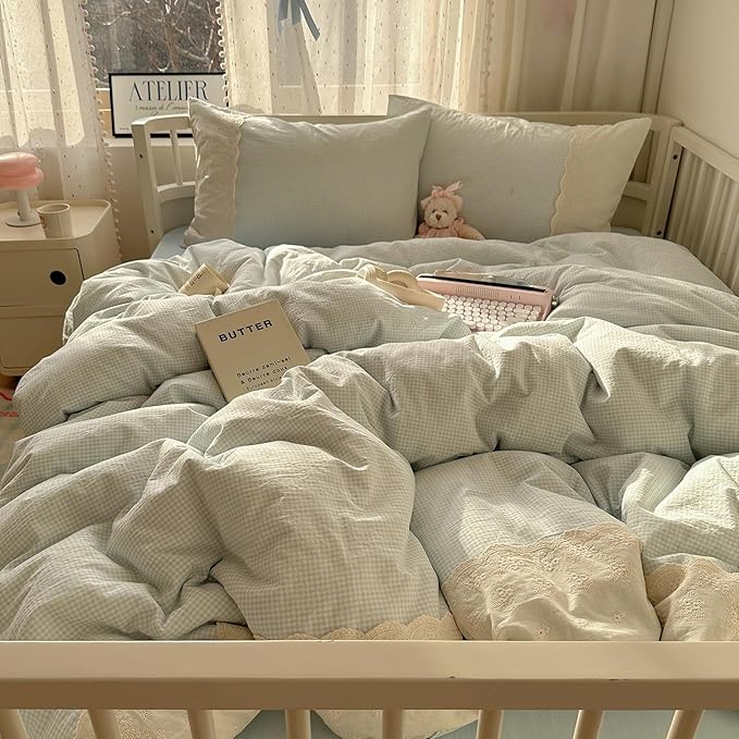 HighBuy King Comforter Set Blue Gingham Comforter for Women Men,Modern Chic Plaid Comforter Set with Ruffle Lace Fluffy Soft Grid Gingham Bedding Set Checkered Comforter with 2 Pillowcases