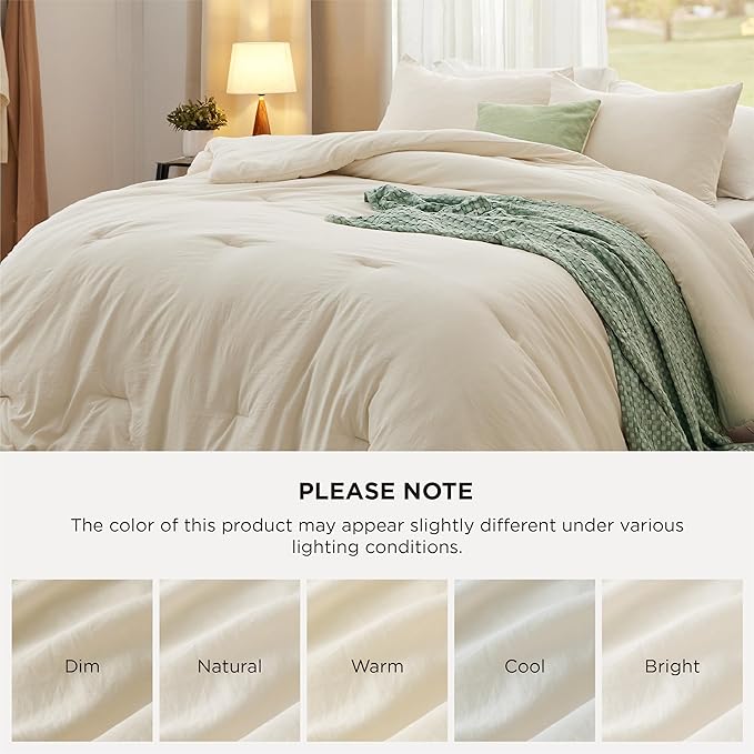 Bedsure Queen Comforter Set, Cream Soft Prewashed Bedding for All Seasons, 3 Pieces GentleSoft™ Bed Set, 1 Lightweight Comforter (90"x90") and 2 Pillowcases (20"x26")