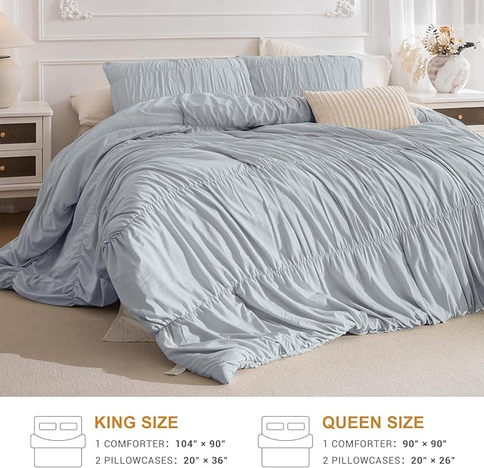 Masaca King Size Comforter Set,Light Blue Ruched Ruffle King Comforter 3 Pieces Vintage Shabby Boho Chic Rustic French Country Farmhouse Bedding Set Ultra Soft