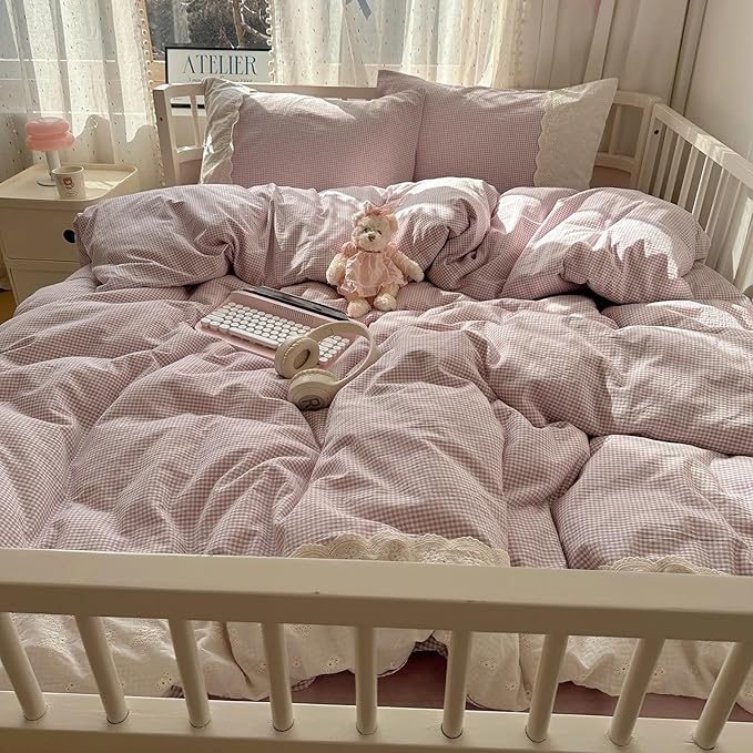 HighBuy Full Comforter Set Purple Gingham Bedding Comforter with Lace Ruffles,Farmhouse Grid Plaid Comforter Set for Girls Women,Fluffy Grid Checkered Pattern Comforter with 2 Pillowcases