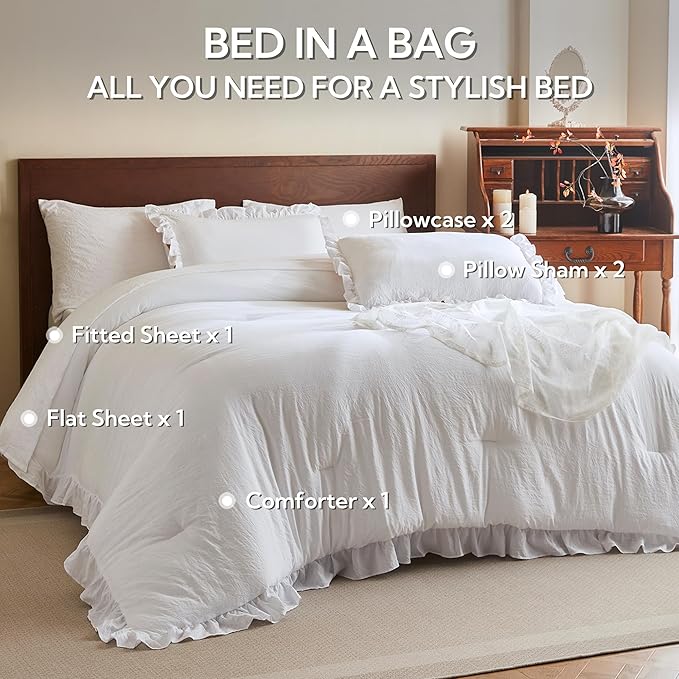 MR&HM White Comforter Set Full Size for Girls Women 7 Pieces, Shabby Chic Vintage Cottagecore Bed Sets Elegance Boho Bed in a Bag, Ultra-Soft & Fluffy Comforter for All Season