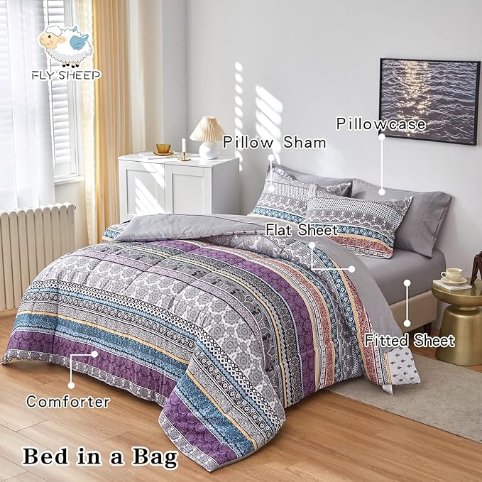Flysheep Bohemian Bed in a Bag 7 Pieces King Size, Colorful Boho Purple Orange Gray Stripes Reversible Bed Comforter Set (1 Comforter, 1 Flat Sheet, 1 Fitted Sheet, 2 Pillow Shams, 2 Pillowcases)
