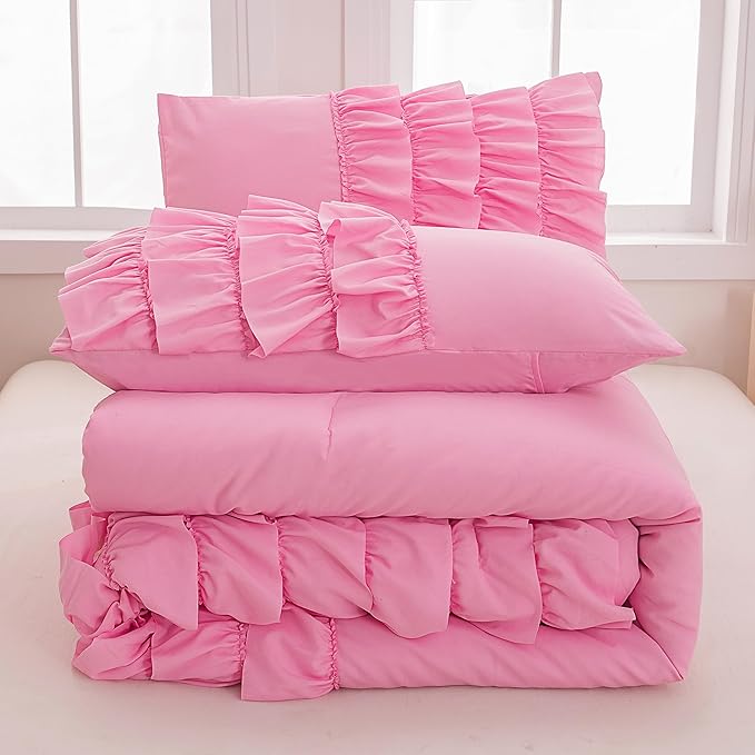 MWMWMW Full Size Comforter Set for Girls Kids, 3Pcs Pink Comforter Set Full, Blush Pink Princess Bedding, Vintage Soft Boho Chic Bedding for All Season