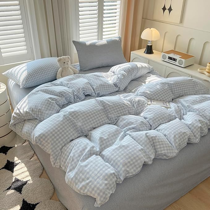 VM VOUGEMARKET Blue Gingham Comforter Set Queen,3 Pieces White Blue Plaid Comforter with 2 Pillowcases for Men Boys Simple Modern Bedding Set (90"x90")