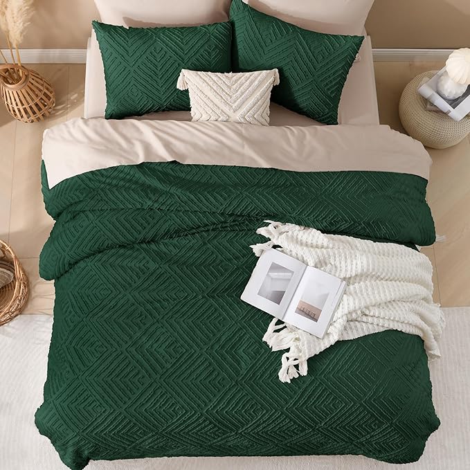 Andency Dark Emerald Green Oversized King Comforter 120"x120", 3 Pieces Super King Boho Bedding Set & Collections, Farmhouse Tufted Fluffy Bed Set (1 Comforter, 2 Pillowcases)