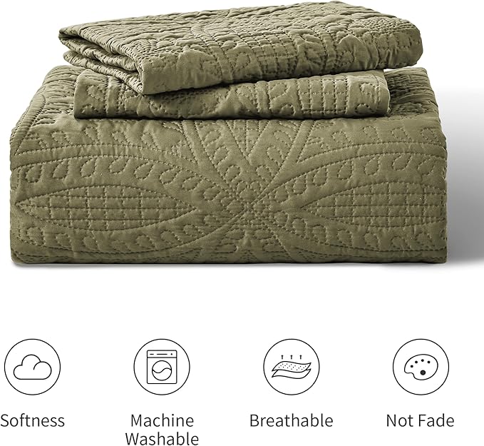 Love's cabin Quilts for Queen Bed Green Bedspreads Bedding Set - Summer Lightweight Bedspread Comforter - Coin Pattern Bedding Coverlet for All Season - 3 Pieces (1 Quilt, 2 Pillow Shams)