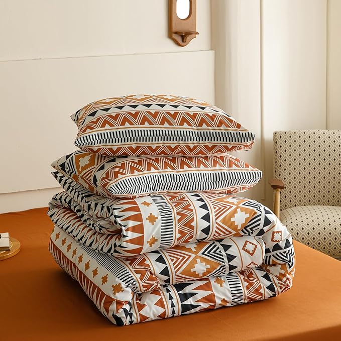 Cottonight Boho Aztec Orange Black Comforter Set Queen Western Bedding Comforter Set Vintage Rustic Women Men Blanket Quilts Ethnic Folkloric Bohemian Farmhouse Comforter Set Queen
