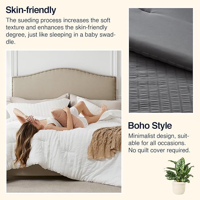 Grey Full Comforter Set - 3 Pieces Seersucker Lightweight Bedding Comforter Sets (1 Soft Fluffy Comforter & 2 Pillowcases) - All Seasons Cozy Modern Bed Sets for Women Men