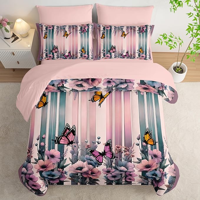 7 Piece Pink Butterfly Comforter Set Queen for Women,Butterfly Bedding Sets Queen 7 Piece,Butterfly Quilt Pattern,(1 Comforter, 1 Flat Sheet, 1 Fitted Sheet, 2 Pillowcase and 2 Pillow Sham)
