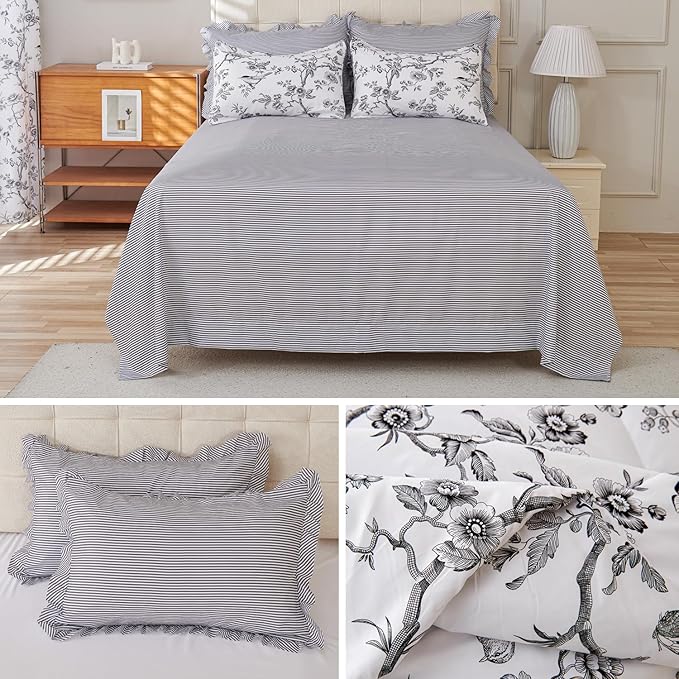 EVENHUG Queen Comforter Set 7 Pieces Lightweight Soft Queen Size Comforters for All Season Floral Bedding Sets Bed in a Bag with Flat Sheet and Fitted Sheet Pillowcases (90"x90")