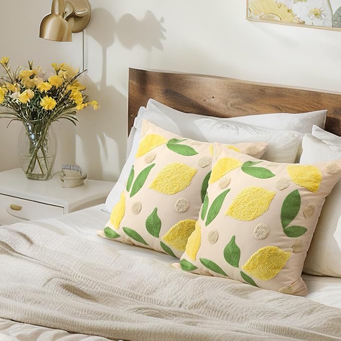 2 Pcs Lemon Embroidered Pillow Covers 18 x 18 Inch Summer Fruit Jacquard Decorative Pillow Covers, Green Leaf and Lemon Farmhouse Soft Plush Pillowcase for Sofa Bed