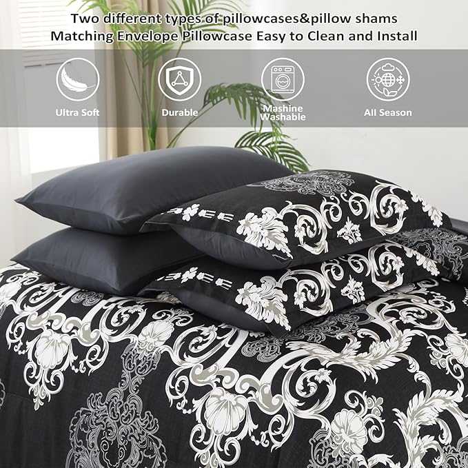Mybedsoul King Size comforter set, 7 Pieces Boho Bed in a Bag for King Bed, Black Damask Comforter Set with Sheet, Pillowcases & Shams, Soft Microfiber Lightweight Bedding Set for All Season(90"x104")
