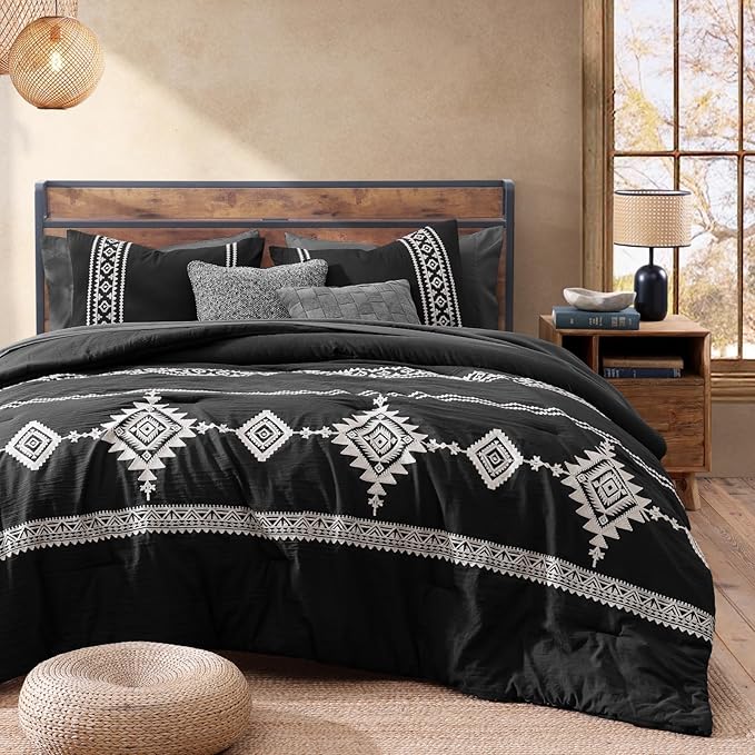 MaiRêve Embroidery Queen Size Comforter Set Black, Boho Farmhouse Western Bedding Set 7 Pieces, All Season Bed in A Bag Comforter Set with Sheets, Pillowcases & Shams