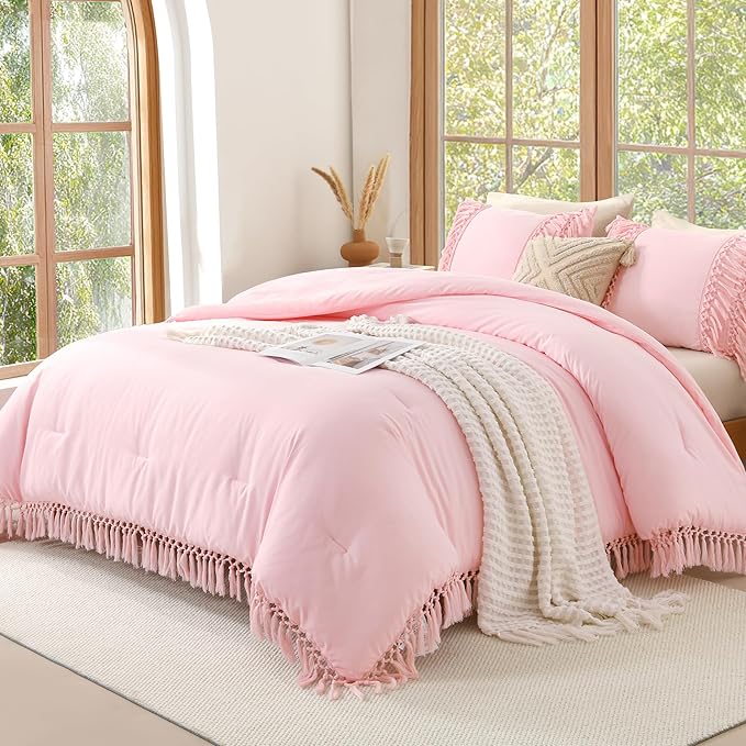 Andency Queen Comforter Set Light Pink, 3 Pieces Boho Lightweight Fall Bedding Comforter Sets, Tassel Bed Set (90x90In Comforter & 2 Pillowcases)