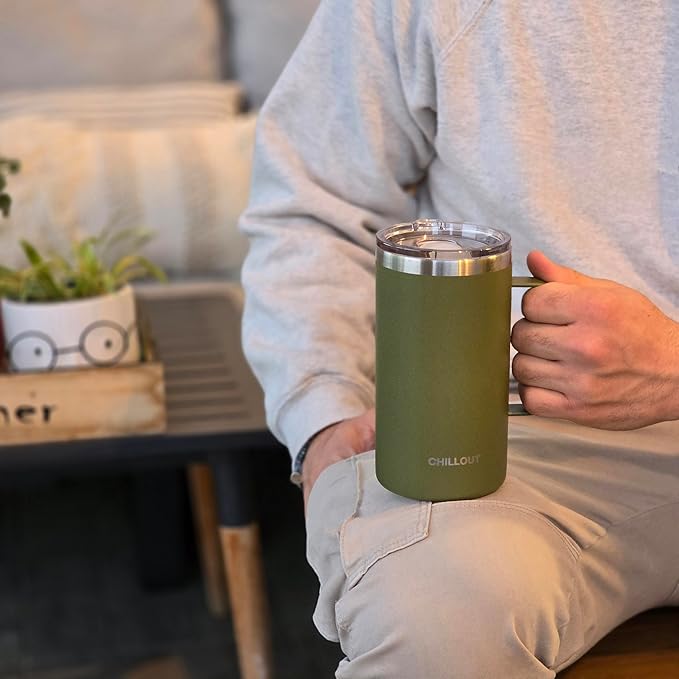 CHILLOUT LIFE Stainless Steel Vacuum Insulated Coffee Mug 20 oz (Set of 2) with Handle and Lid, Large Thermal Camping Coffee Mugs with Sliding Lid for Men & Women, Keeps Your Beverages Hot & Cold