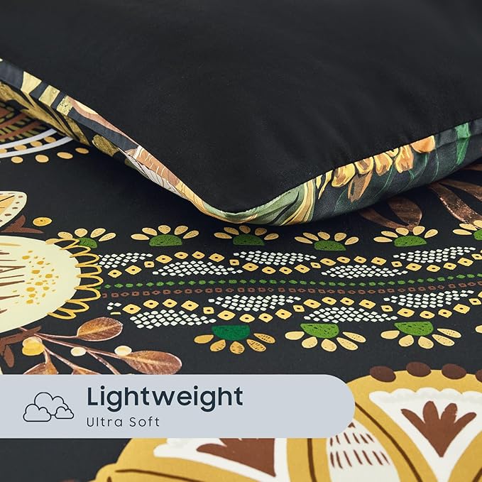 Wake In Cloud - Boho Comforter Set, Floral Farmhouse Botanical Western Style with Colorful Flowers and Tropical Leaves, Soft Lightweight Bedding, 3 Pieces, Amber Black, Twin/Twin XL Size