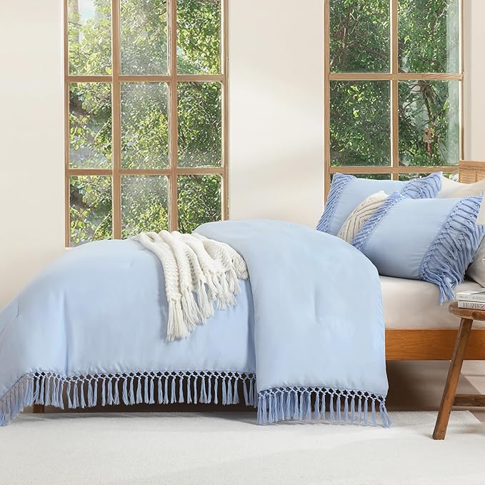 Andency Queen Comforter Set Light Blue, 3 Pieces Boho Lightweight Fall Bedding Comforter Sets, Tassel Bed Set (90x90In Comforter & 2 Pillowcases)
