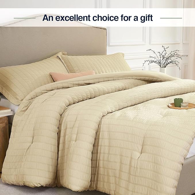 King Comforter Set Linen,3PCS Seersucker Lightweight Bedding Comforter for All Season, King Size(104''×90'' Comforter & 2 Pillowcases)