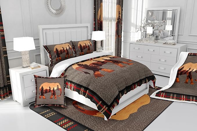 Erosebridal Elephant Comforter Set - Twin, Country Western Farmhouse Bedding Set for Teens, Kids, Boys & Girls - Nature Wild Animals Bedding - Orange Grey Plaid Checkered Down Comforter, 2Pcs