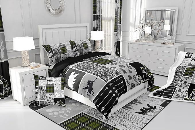 Erosebridal Rustic Farmhouse Comforter Set Toddler,Western Cowboy Bedding for Boys Girls Western Bedroom Decor,Sage Green Plaid Grid Duvet Insert,Bear Wildlife Hunting Theme Quilt Comforter 2Pcs