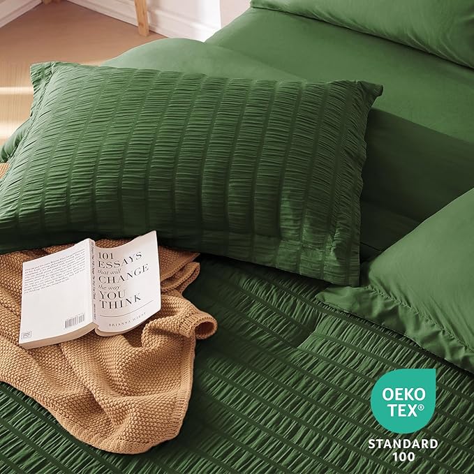 MUXHOMO 7 Pieces California King Comforter Set, Seersucker Bed in a Bag Cal King Size, All Season Luxury Bedding Set with Comforter, Flat Sheet, Fitted Sheet, Pillowcases & Shams, Dark Green