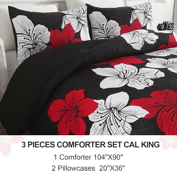 Menghomeus Black Red Comforter Set California King Colorful Floral Comforter Modern Cal King Bedding Sets with 2 Pillowcases Lightweight Boho Bed Set for All Season