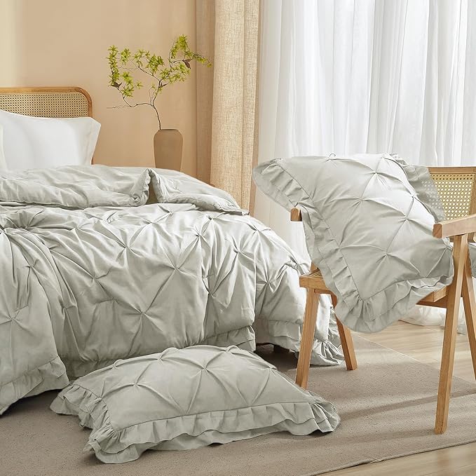 90''x90'' Queen Size 2-Layer Pleated Comforter Set with 2 Pillowcases Microfiber 3 Pieces Bedding Set for Bed Simple Ruffled Quilted Comforter Sets with Ruffles, Light Grey