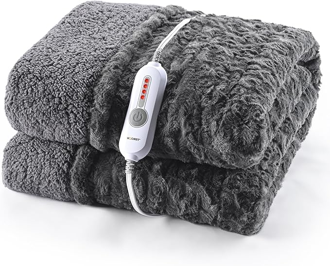 WOOMER Heated Blanket Throw 50" x 60", Electric Blanket with a Control, 4 Heating Levels & 4H Auto Off, ETL Certified, Dark Grey Roses Patterns Faux Fur & Sherpa, Machine Washable