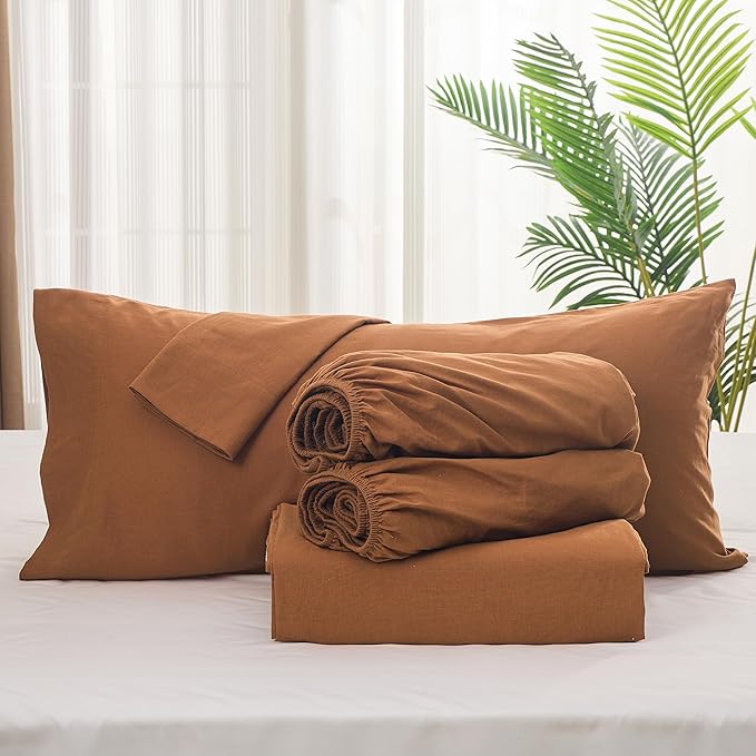 Simple&Opulence Belgian Linen Sheet Set Solid Color - 5 Pieces (1 Flat Sheet, 2 Fitted Sheets & 2 Pillowcases) Natural Flax Cotton Blend Soft Breathable Farmhouse Bedding - Split King Size, Rust