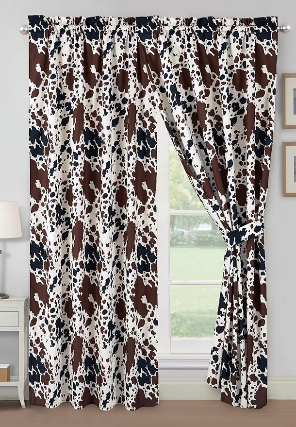 WPM WORLD PRODUCTS MART Cow Print Curtain Set 116" Wide x 84" Long Western Theme Cowboy Print Rod Pocket Panels Brown Black Cream Color Ranch Farmhouse Look darpes with tie Backs (Curtain Set)