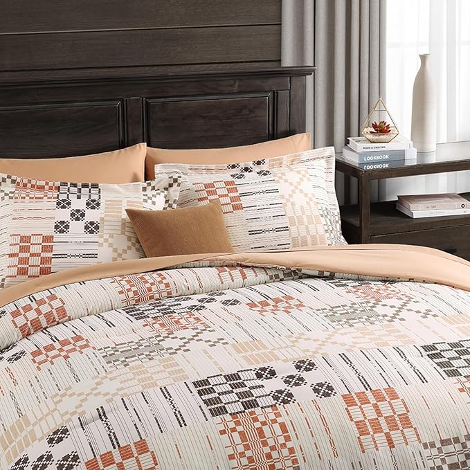 MaiRêve Full Size Comforter Sets, Classic Plaid Farmhouse Bedding Sets 7 Pieces, Beige All Season Bed in A Bag with Sheets, Pillowcases & Shams