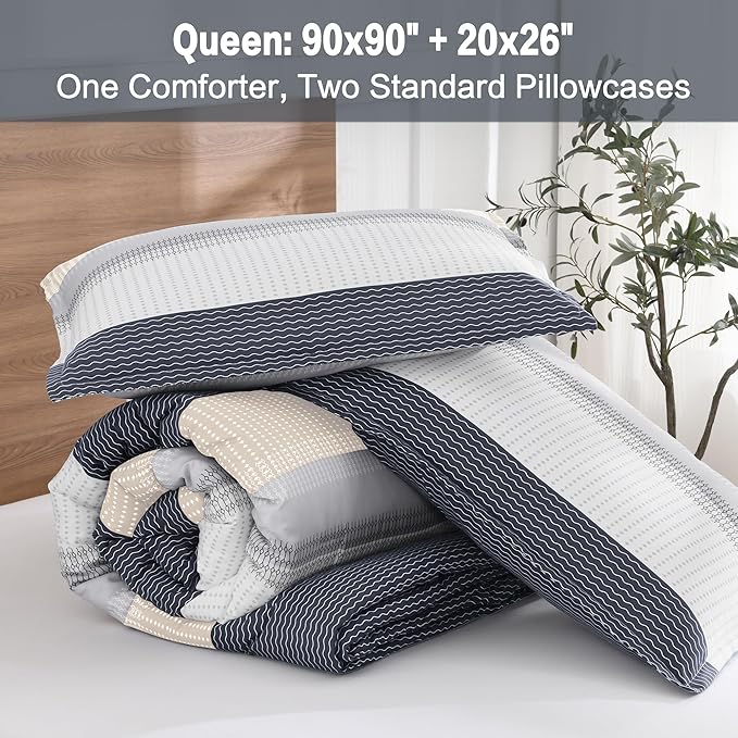 Litanika Comforter Set Queen Size Blue Yellow - 3 Pieces Lightweight Blue Yellow White Colorblock Stripe Fluffy Bedding Comforter Sets, All Season Bed Set