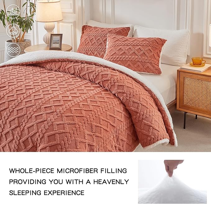 Joyreap 3-Piece Fluffy Faux Fur Sherpa Comforter Set, Queen Size Brownish Red Luxury Tufted Bedding Comforter Set, All Season Soft n Cozy Plush Comforter Bed Set- 88x88 inches