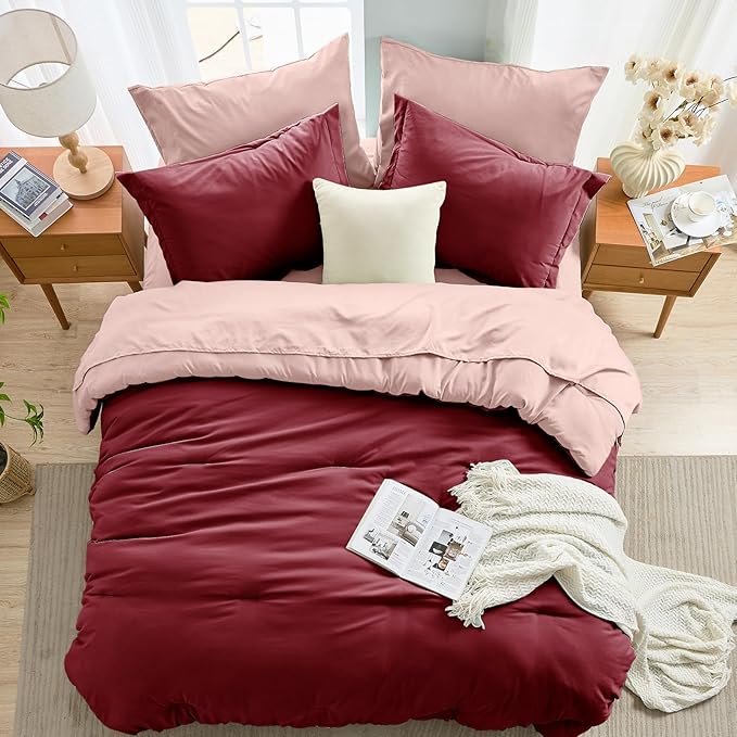MUXHOMO 7 Pieces King Comforter Set, Soft Bed in a Bag King Size, All Season Bedding Set with Comforter, Flat Sheet, Fitted Sheet, Pillowcases & Shams, Burgundy & Rose Gold