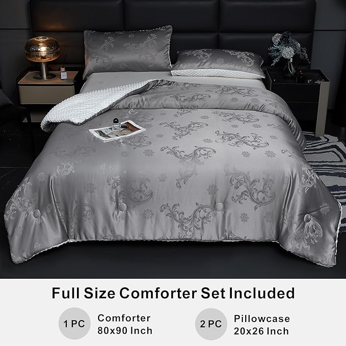Jacquard Comforter Set - Luxury Warm Paisley Floral Pattern Full Size Bedding with 2 Pillowcases All-Season Soft & Lightweight 3D Bubble Design Bed Set (80x90 Inches Grey)